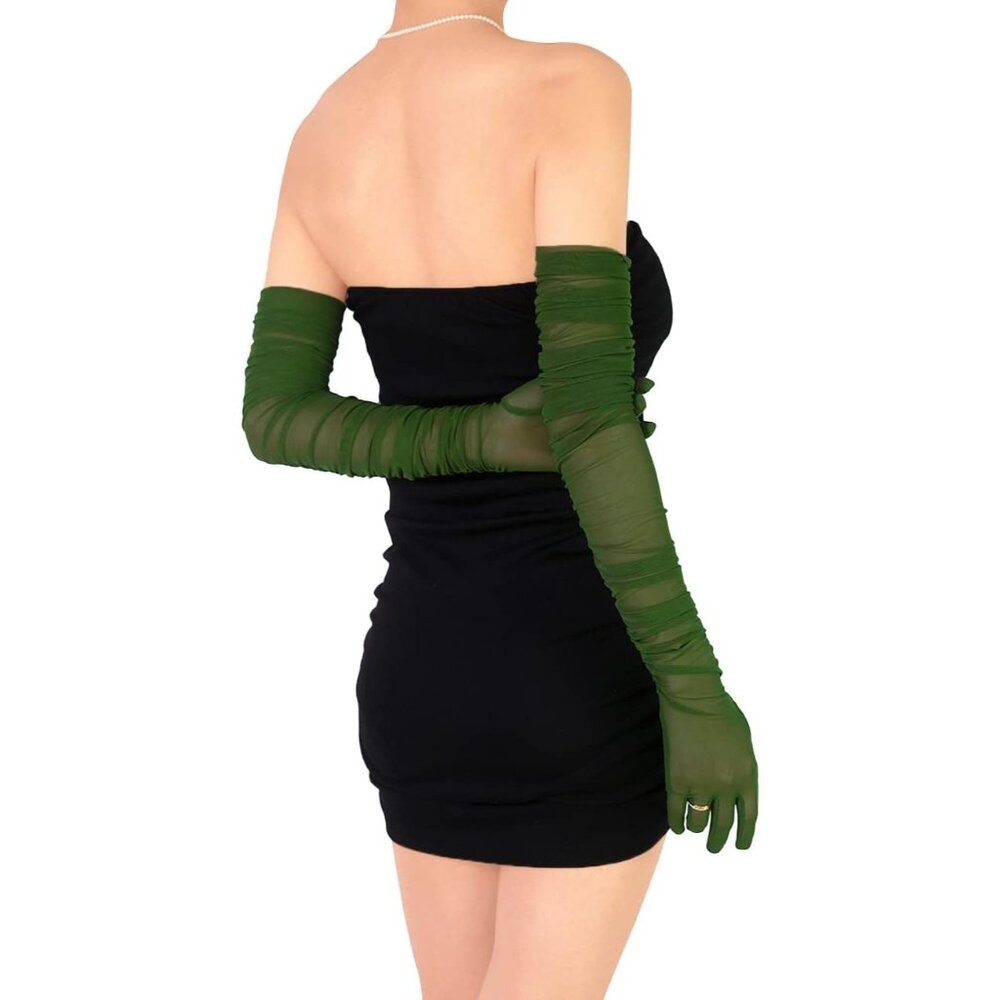 Women's Dark Green Sexy Tulle Sheer Mesh Long Gloves Opera Party Prom Costume - Picture 6 of 6